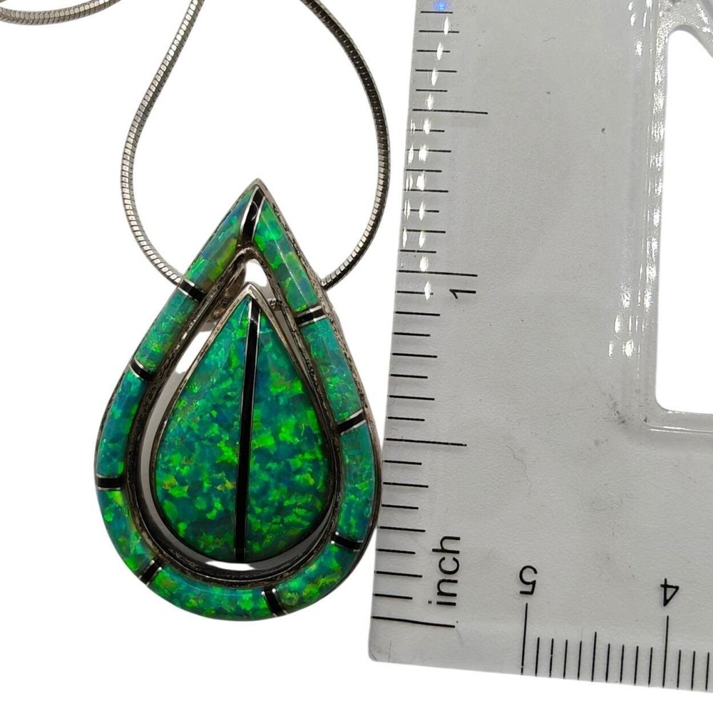 Sterling Silver Green Opal Inlay Teardrop Pendant Necklace Southwest Style 18.5" - Picture 5 of 9